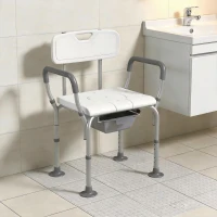 HOMCOM Silla de Ducha 3 en 1 con Respaldo y Apoyabrazos Altura Ajustable y Pies Antideslizantes Blanco(m-10)