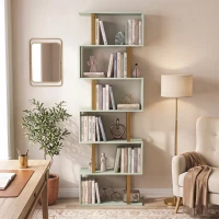 HOMCOM S-Shaped Bookshelf, 5-Tier Bookcase, Freestanding Storage Shelves with Anti-Tip Strap for Living Room, Light Green(m-8)