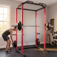 SPORTNOW Jaula de Potencia Rack de Sentadillas con Barra Dominadas Estación de Fondos Ajustable para Casa Gimnasio Carga 460 kg(m-9)