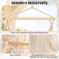 Outsunny Cadeira Suspensa Cadeira Rede Suspensa com 2 Almofadas de Algodão Barra de Madeira para Interior e Exterior 120x90 cm Creme(m-7)