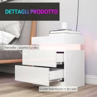 HOMCOM Set 2 Comodini LED a 16 Colori e 4 Modalità con 2 Cassetti, in Legno, 45x35x52 cm, Bianco Lucido(m-7)