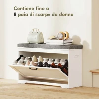 HOMCOM Panca Scarpiera da Ingresso con Seduta Imbottita, Anta a Ribalta e Scaffale Regolabile, per 6-8 Paia, Bianco(m-5)