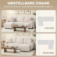 HOMCOM Schlafsofa mit Umkehrbarer Chaiselongue, L-förmiges 3-Sitzer Sofa aus Veloursbezug, Cremeweiß(m-5)