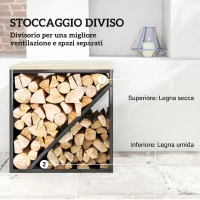 Outsunny Portalegna da Interno 2 in 1, Supporto per Legna Rialzato con Divisorio, Porta Legna per Interni per Caminetti, 58x36x60 cm, Nero(m-6)