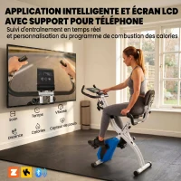 SPORTNOW Vélo d'Appartement Pliable Vélo de Fitness 3 en 1 Silencieux Connecté Kinomap Bluetooth et Zwift 105x53,5x109cm Bleu(m-5)