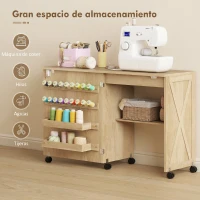 HOMCOM Mesa Máquina de Coser Plegable con Puerta Magnética 2 Compartimentos Estante 18 Soportes para Hilos 5 Ruedas Natural(m-4)