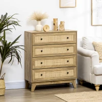 HOMCOM Cómoda con 4 Cajones Cajonera de Madera con Frontales de Ratán Estilo Cannage para Dormitorio 80x35x95 cm Natural(m-10)