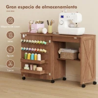 HOMCOM Mesa Máquina de Coser Plegable con Puerta Magnética 2 Compartimentos Estante 18 Soportes para Hilos 5 Ruedas Marrón(m-4)