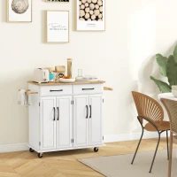 HOMCOM Isla de Cocina con Encimera de Madera de Caucho con Cajones Armarios y Ruedas con Freno 111x44,5x90,5 cm Blanco y Roble(m-10)