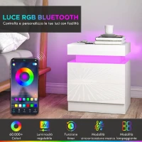 HOMCOM Set 2 Comodini LED a 16 Colori e 4 Modalità con 2 Cassetti, in Legno, 45x35x52 cm, Bianco Lucido(m-4)
