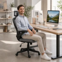 HOMCOM Sedia da Ufficio Ergonomica con Braccioli Ribaltabili, Poggiatesta e Appendiabiti, Grigio Scuro(m-10)