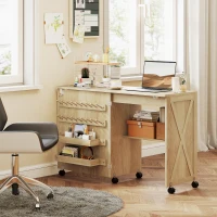 HOMCOM Mesa Máquina de Coser Plegable con Puerta Magnética 2 Compartimentos Estante 18 Soportes para Hilos 5 Ruedas Natural(m-9)
