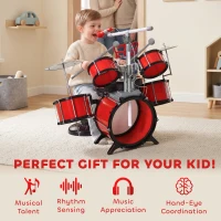 HOMCOM Kids Drum Set for Beginners, Drum Kit with Toy Microphone, Cymbal, Pedal & Drumsticks, Educational Musical Toy, Red(m-4)