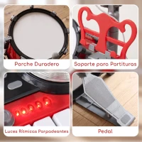HOMCOM Batería Infantil con Taburete, Jazz Batería Infantil con 4 Tambores, Micrófono, Platos, Baquetas Teclado, Instrumento Musical para Niños +3 Años, Rojo(m-7)
