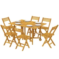 Outsunny 7 Pieces Garden Dining Set, Extending Dining Table and 6 Folding Chairs with Umbrella Hole for Patio, Natural Wood(m-15)