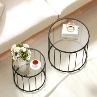 HOMCOM Ensemble de 2 tables gigognes avec structure métallique et plateau en verre Ø50x50 cm et Ø40x40 cm, noir(m-4)