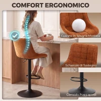 HOMCOM Set 2 Sgabelli da Bar Girevoli e Regolabili con Base in Metallo e Schienale in Velluto, Arancione(m-5)