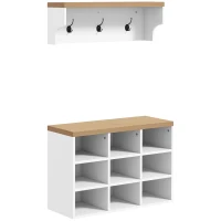 HOMCOM Ensemble meuble d'entrée 2-en-1 porte-manteau mural banc à chaussures 3 crochets et 9 niches 75x30x50cm blanc et chêne(m-1)