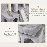 PawHut Ansamblu pentru pisici cu stalpi din sisal, pat si 2 case cu tapiterie de plus, 59x39x83cm, gri(m-5)
