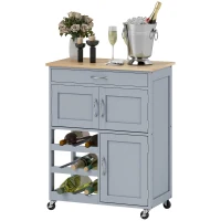HOMCOM Modern Kitchen Trolley, Rolling Island Storage Cart with Drawer, 9-bottle Wine Rack, Door Cabinets, Wooden Countertop, Grey(m-11)