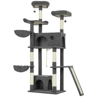 PawHut Arbre à chat tour de jeux pour chat avec griffoir 3 lits 2 niches plateformes et 3 jouets suspendus hauteur 174 cm gris(m-12)