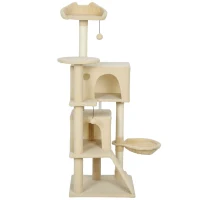 PawHut Albero Tiragraffi per Gatti Alto 140 cm con 2 Casette, Amaca, Lettino e Pali in Sisal, Beige(m-11)