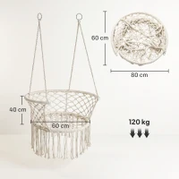 Outsunny Amaca da Giardino in Stile Boho Chic, Sedia Sospesa in Poliestere e Macramè per Interni ed Esterni, Crema, 80x60x36cm(m-3)