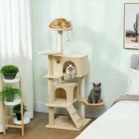 PawHut Albero Tiragraffi per Gatti Alto 140 cm con 2 Casette, Amaca, Lettino e Pali in Sisal, Beige(m-2)