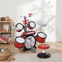 HOMCOM Kids Drum Set for Beginners, Drum Kit with Toy Microphone, Cymbal, Pedal & Drumsticks, Educational Musical Toy, Red(m-8)
