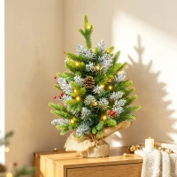 HOMCOM Árbol de Navidad Sobremesa 60 cm con 20 Luces LED 141 Ramas 5 Piñas 5 Racimos de Bayas Rojas y Soporte de Metal Verde(m-8)