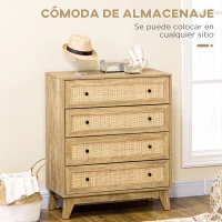 HOMCOM Cómoda con 4 Cajones Cajonera de Madera con Frontales de Ratán Estilo Cannage para Dormitorio 80x35x95 cm Natural(m-4)