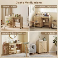 HOMCOM Mesa Máquina de Coser Plegable con Puerta Magnética 2 Compartimentos Estante 18 Soportes para Hilos 5 Ruedas Natural(m-6)