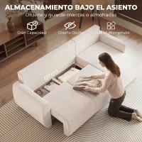 HOMCOM Slaapbank met omkeerbare chaise longue, L-vormige 3-zitsbank in velours, crème wit(m-6)