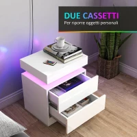 HOMCOM Set 2 Comodini LED a 16 Colori e 4 Modalità con 2 Cassetti, in Legno, 45x35x52 cm, Bianco Lucido(m-6)