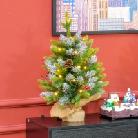 HOMCOM Árbol de Navidad Sobremesa 60 cm con 20 Luces LED 141 Ramas 5 Piñas 5 Racimos de Bayas Rojas y Soporte de Metal Verde(m-10)
