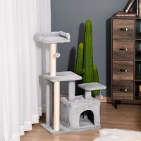 PawHut Árbol Rascador para Gatos Altura 114 cm con Postes de Sisal 3 Plataformas Casita y 2 Bolas Colgantes Gris Claro(m-14)