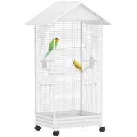 PawHut Cage oiseau sur pied volière oiseaux intérieure sur roulettes 2 mangeoires 8 perchoirs 79 x 65 x 155 cm fil d'acier blanc(m-12)