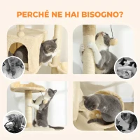 PawHut Albero Tiragraffi per Gatti Alto 140 cm con 2 Casette, Amaca, Lettino e Pali in Sisal, Beige(m-8)