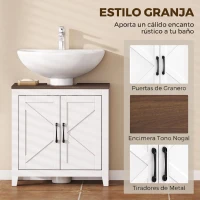 HOMCOM Mueble de Baño Bajo Lavabo Estilo Rústico con Estante Ajustable y 2 Puertas Tipo Granero Blanco(m-8)