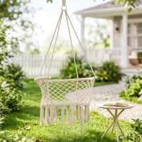Outsunny Amaca da Giardino in Stile Boho Chic, Sedia Sospesa in Poliestere e Macramè per Interni ed Esterni, Crema, 80x60x36cm(m-10)