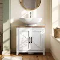 HOMCOM Mueble de Baño Bajo Lavabo Estilo Rústico con Estante Ajustable y 2 Puertas Tipo Granero Blanco(m-10)