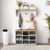 HOMCOM Ensemble meuble d'entrée 2-en-1 porte-manteau mural banc à chaussures 3 crochets et 9 niches 75x30x50cm blanc et chêne(m-7)