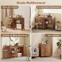 HOMCOM Mesa Máquina de Coser Plegable con Puerta Magnética 2 Compartimentos Estante 18 Soportes para Hilos 5 Ruedas Marrón(m-6)