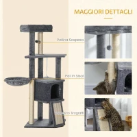 PawHut Albero Tiragraffi per Gatti Alto 127 cm con Pali Graffiatoi in Sisal, Rampa, Cesto, Cuccia, Amaca, Grigio(m-5)