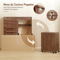 HOMCOM Mesa Máquina de Coser Plegable con Puerta Magnética 2 Compartimentos Estante 18 Soportes para Hilos 5 Ruedas Marrón(m-5)