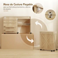 HOMCOM Mesa Máquina de Coser Plegable con Puerta Magnética 2 Compartimentos Estante 18 Soportes para Hilos 5 Ruedas Natural(m-5)