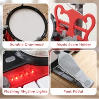 HOMCOM Kids Drum Set for Beginners, Drum Kit with Toy Microphone, Cymbal, Pedal & Drumsticks, Educational Musical Toy, Red(m-7)