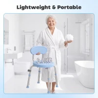 HOMCOM Tabouret de Douche Ronde Pivotant 360°, Hauteur Réglable, Dossier, Pieds Antidérapants, 38,5x37,5x75cm, Bleu Clair(m-8)