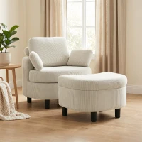 HOMCOM Sessel mit Aufbewahrungshocker, Cord Bezug, Rundum-Lesesessel mit Verstellbarer Kopfstütze, Breiter Sitz, Cremeweiß(m-2)
