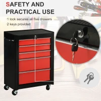 HOMCOM Carrello Porta Attrezzi con 5 Cassetti, Tappetini in EVA, Carrello Officina Portautensili con Serratura e 2 Chiavi, 4 Ruote Girevoli (2 con Freno), Maniglia, in Acciaio per Garage, Nero Rosso(m-4)